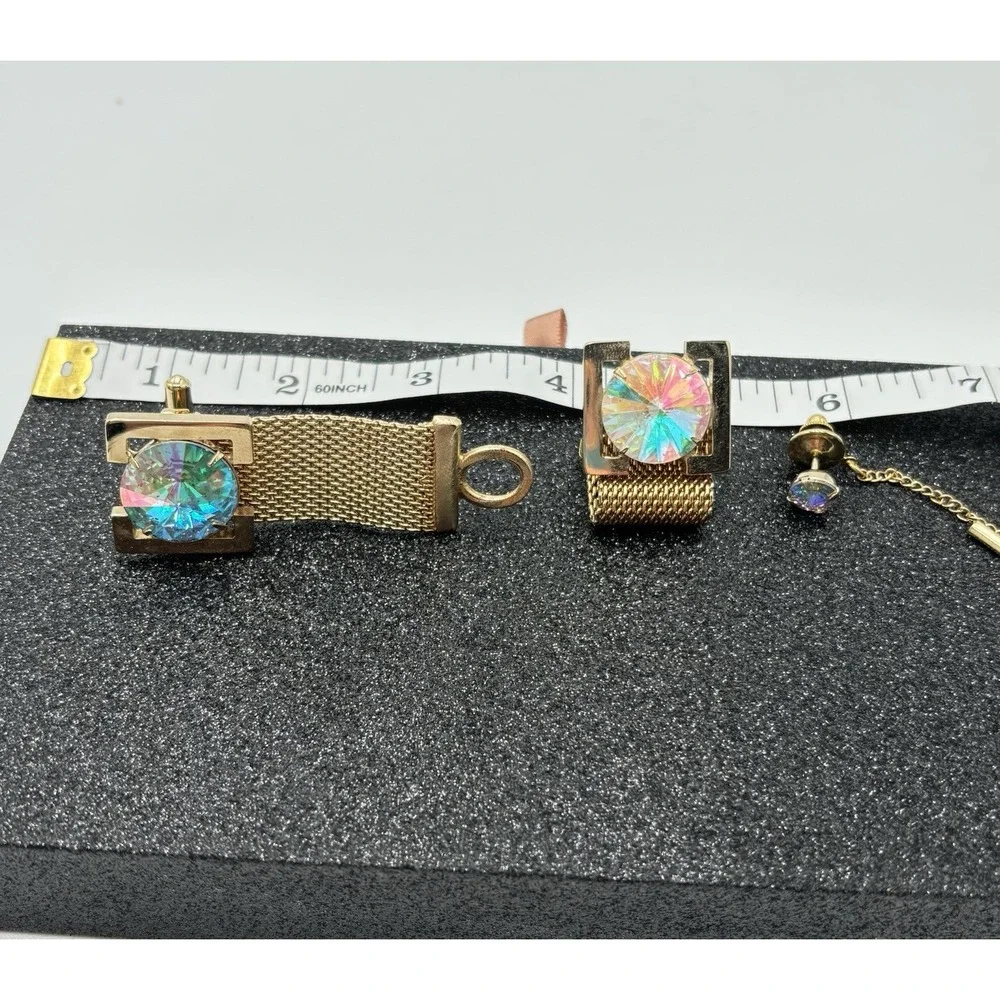 Vintage Cufflinks Tie Tack Set Gold Tone Aurora Borealis‎ Rhinestone Mesh Wrap